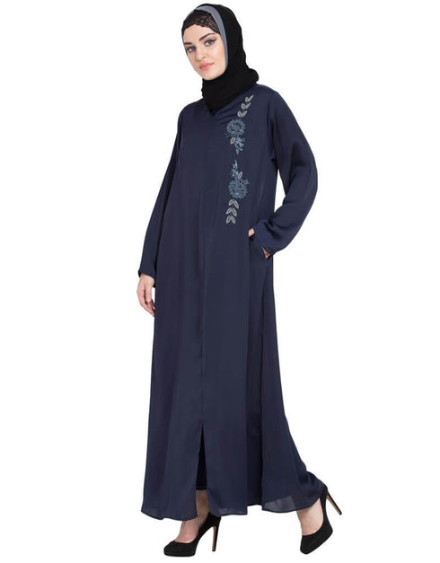 Muslim Front zip and slit hand work Nida Abaya Navy Blue
