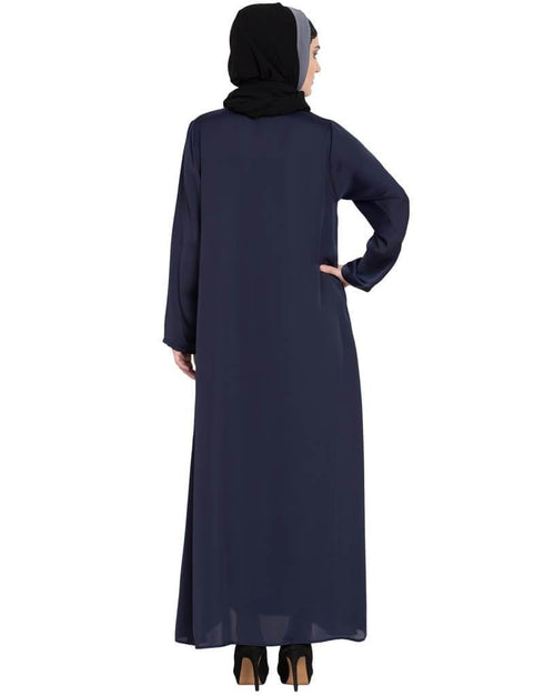 Muslim Front zip and slit hand work Nida Abaya Navy Blue