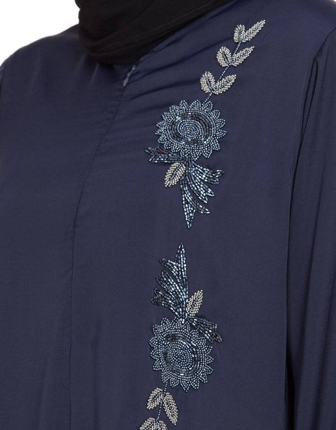 Muslim Front zip and slit hand work Nida Abaya Navy Blue