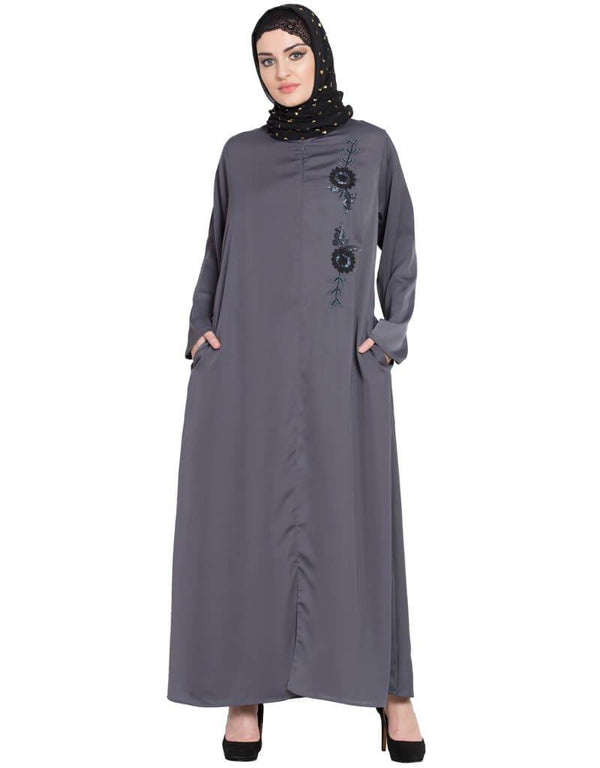 Modest Front zip and slit hand work Nida Abaya Light Grey