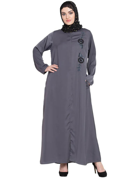 Modest Front zip and slit hand work Nida Abaya Light Grey