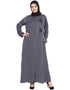 Modest Front zip and slit hand work Nida Abaya Light Grey
