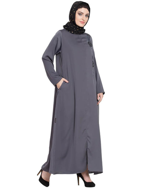 Modest Front zip and slit hand work Nida Abaya Light Grey