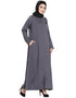 Modest Front zip and slit hand work Nida Abaya Light Grey