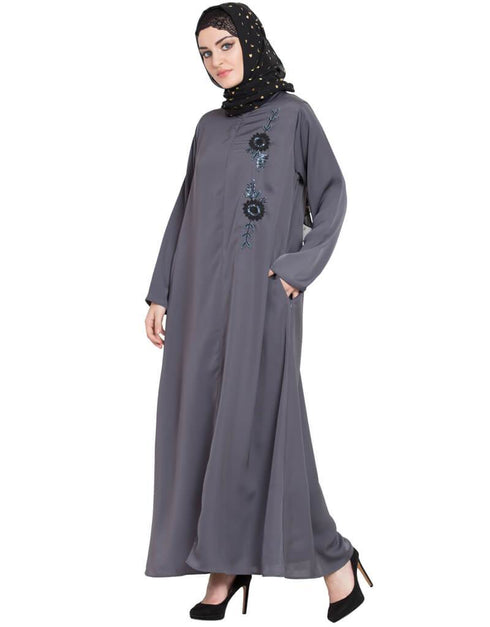 Modest Front zip and slit hand work Nida Abaya Light Grey