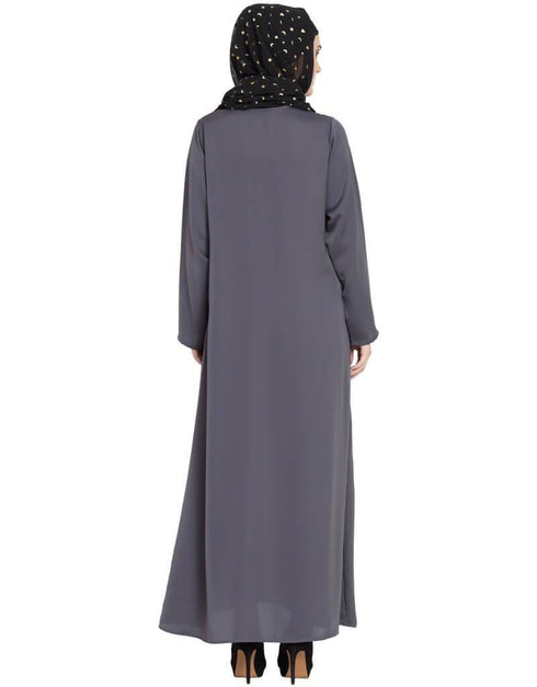 Modest Front zip and slit hand work Nida Abaya Light Grey