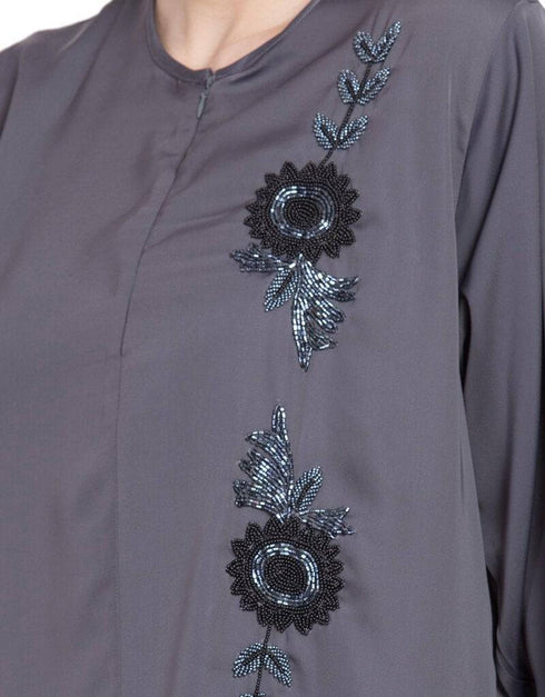 Modest Front zip and slit hand work Nida Abaya Light Grey