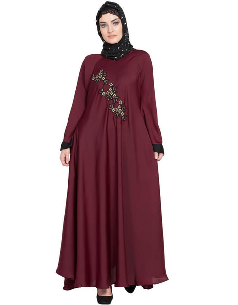 Islamic Hand embroidered Umbrella Nida Abaya Maroon