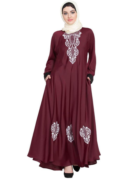 Chic Hand embroidered Umbrella Nida Abaya Maroon