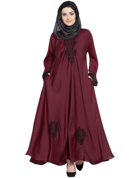 Trendy Hand embroidered Umbrella Nida Abaya Maroon