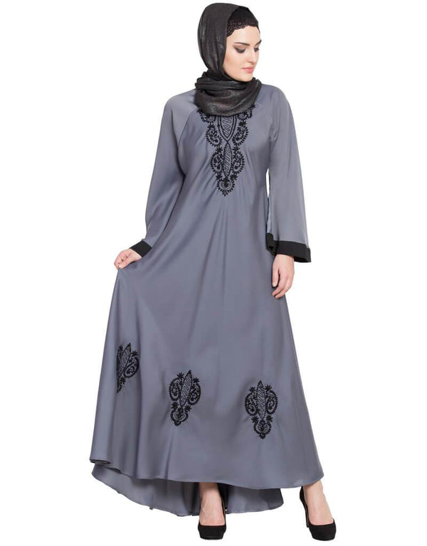Modern Hand embroidered Umbrella Nida Abaya Grey