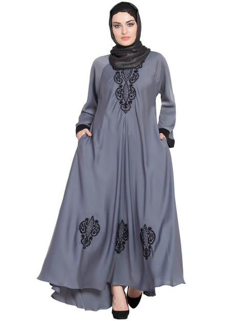 Modern Hand embroidered Umbrella Nida Abaya Grey