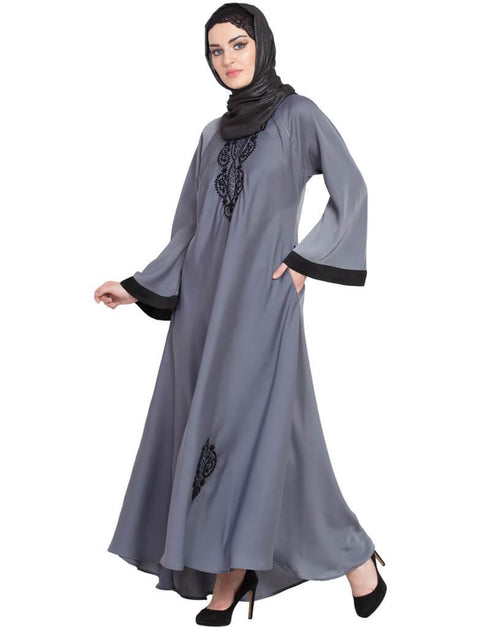 Modern Hand embroidered Umbrella Nida Abaya Grey