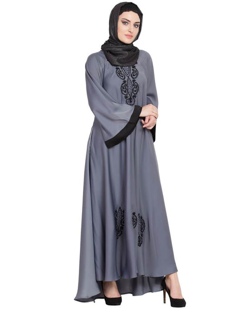 Modern Hand embroidered Umbrella Nida Abaya Grey