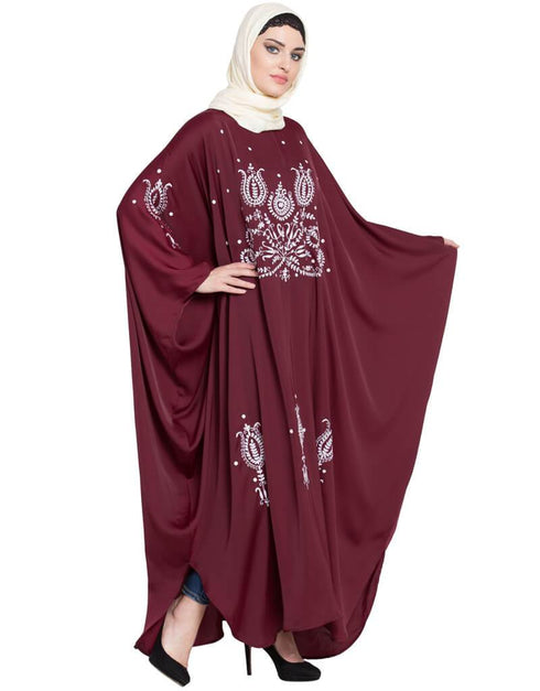 Women Thread Embroidered Nida Kaftan Maroon