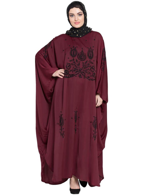 Muslimah Thread Embroidered Nida Kaftan Maroon