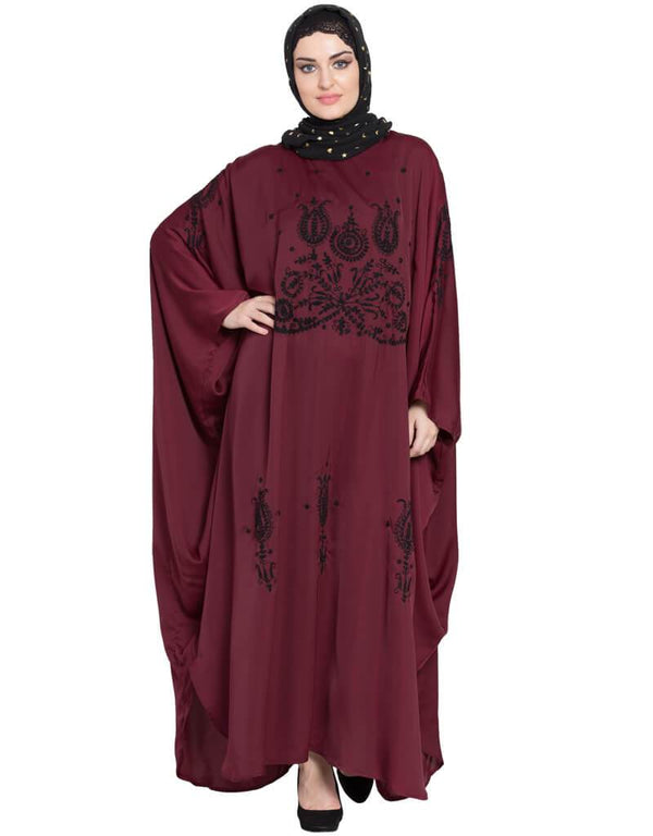 Muslimah Thread Embroidered Nida Kaftan Maroon