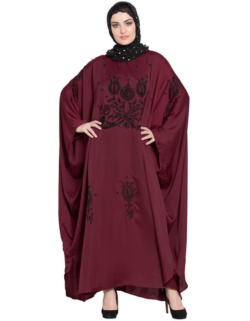 Muslimah Thread Embroidered Nida Kaftan Maroon