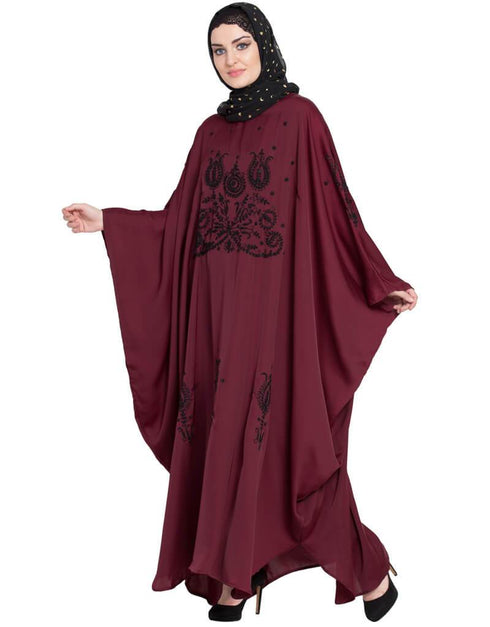 Muslimah Thread Embroidered Nida Kaftan Maroon