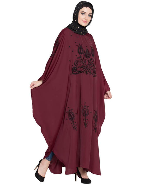 Muslimah Thread Embroidered Nida Kaftan Maroon
