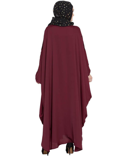 Muslimah Thread Embroidered Nida Kaftan Maroon