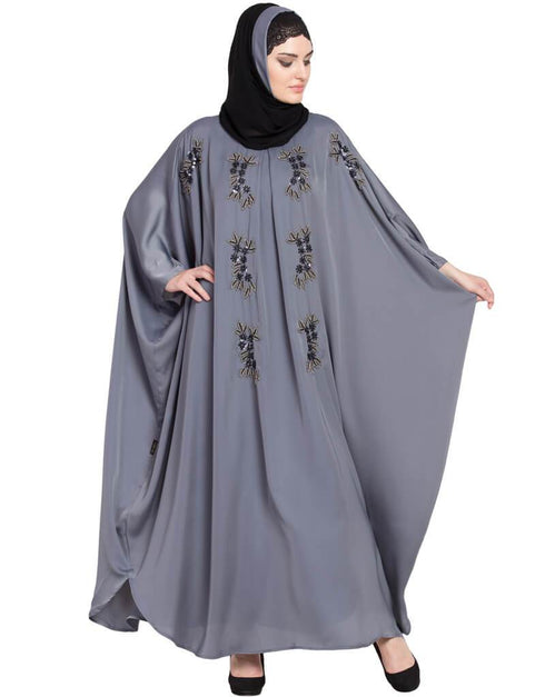 Arabic Thread Embroidered Nida Kaftan Grey