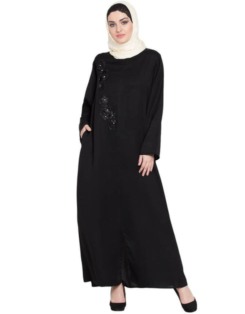 Modest Front zip and slit patch work Nida Abaya Black