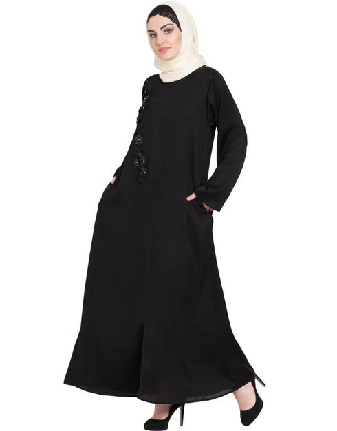 Modest Front zip and slit patch work Nida Abaya Black