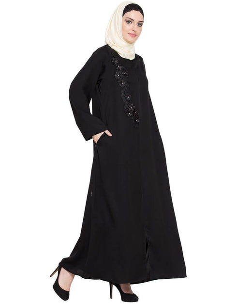 Modest Front zip and slit patch work Nida Abaya Black Women Online shopping USA
