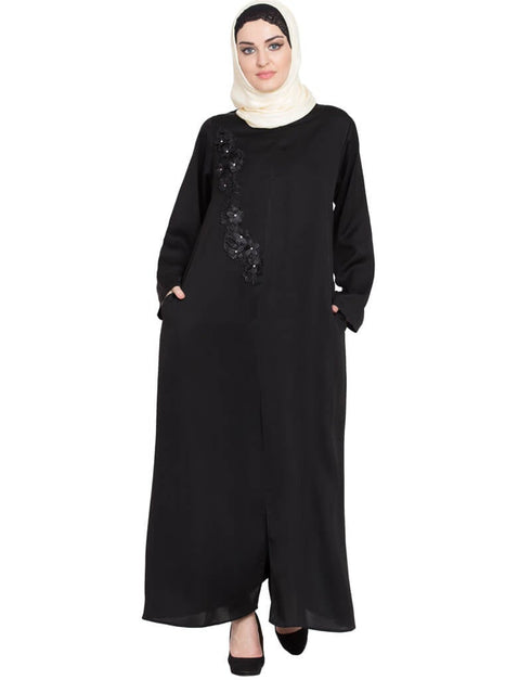 Modest Front zip and slit patch work Nida Abaya Black Women Online shopping USA