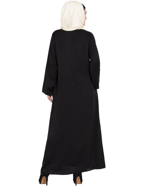 Modest Front zip and slit patch work Nida Abaya Black Women Online shopping USA