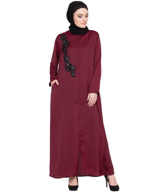 Islamic Front zip and slit patch work Nida Abaya Maroon Women Online shopping USA