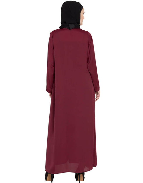 Islamic Front zip and slit patch work Nida Abaya Maroon Women Online shopping USA