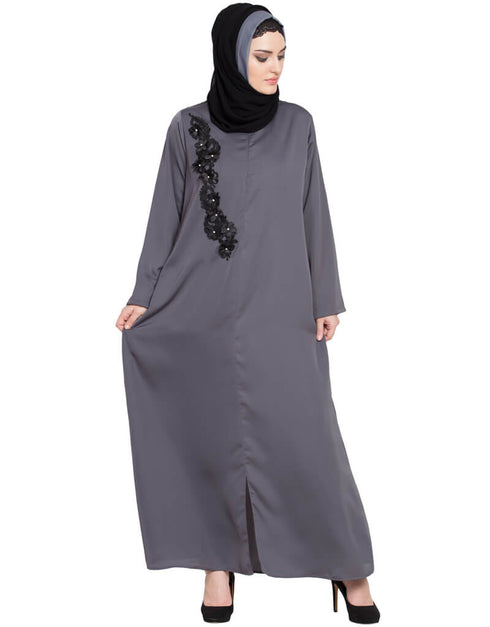 Arabic Front zip and slit patch work Nida Abaya Grey Women Online shopping USA