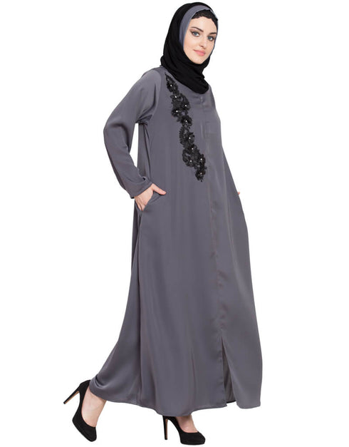Arabic Front zip and slit patch work Nida Abaya Grey Women Online shopping USA