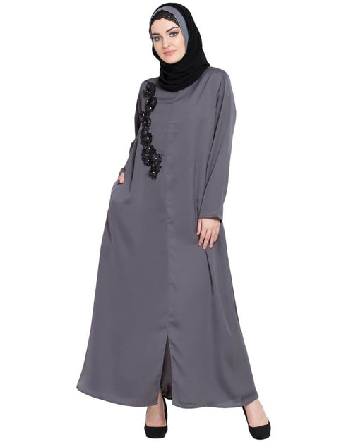 Arabic Front zip and slit patch work Nida Abaya Grey Women Online shopping USA