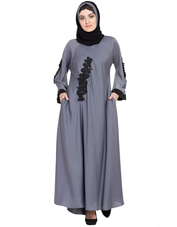 Muslimah embroidered patch Umbrella Abaya Grey Women Online shopping USA