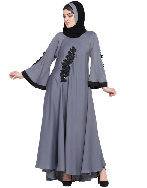 Muslimah embroidered patch Umbrella Abaya Grey Women Online shopping USA
