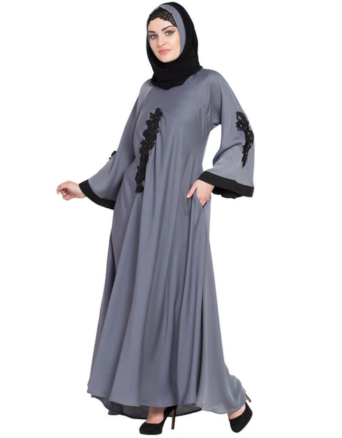 Muslimah embroidered patch Umbrella Abaya Grey Women Online shopping USA