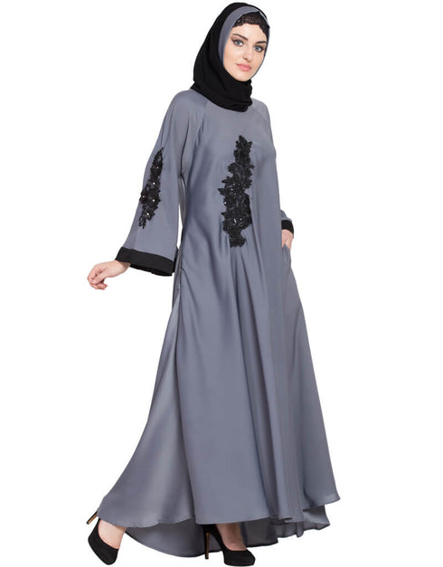 Muslimah embroidered patch Umbrella Abaya Grey Women Online shopping USA