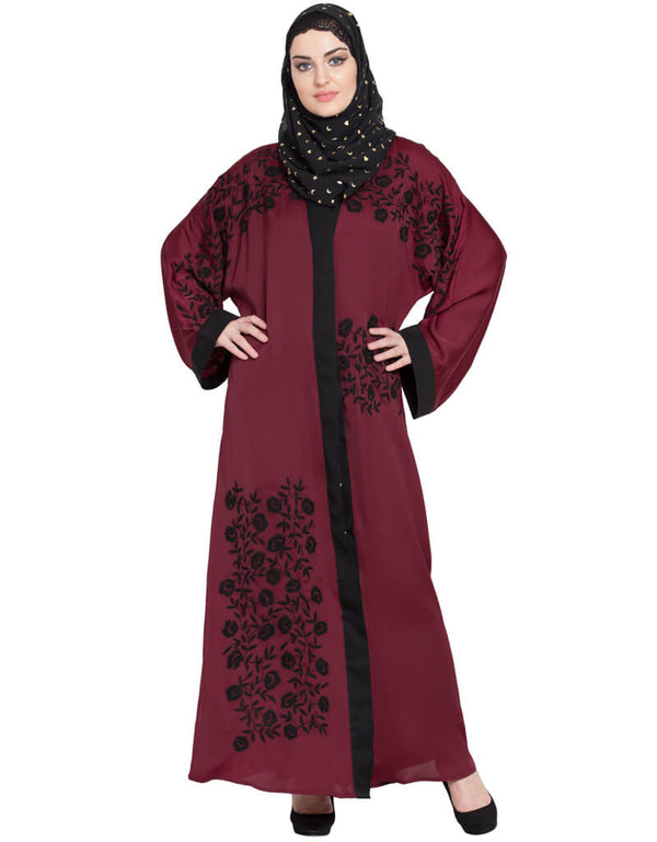 Chic Front Open embroidered Dubai Kaftan Maroon Women Online shopping USA
