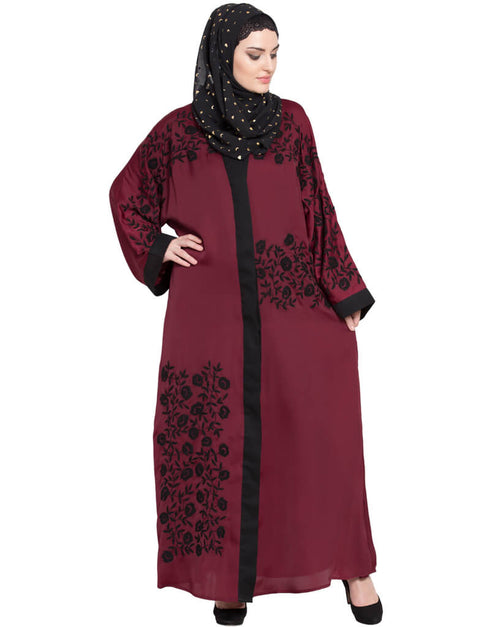 Chic Front Open embroidered Dubai Kaftan Maroon Women Online shopping USA