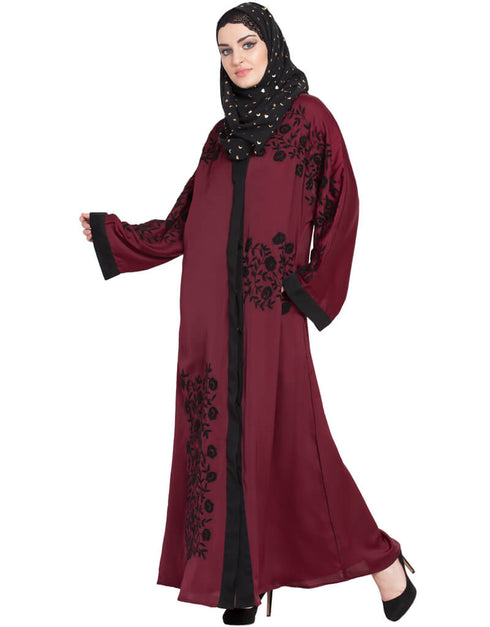 Chic Front Open embroidered Dubai Kaftan Maroon Women Online shopping USA