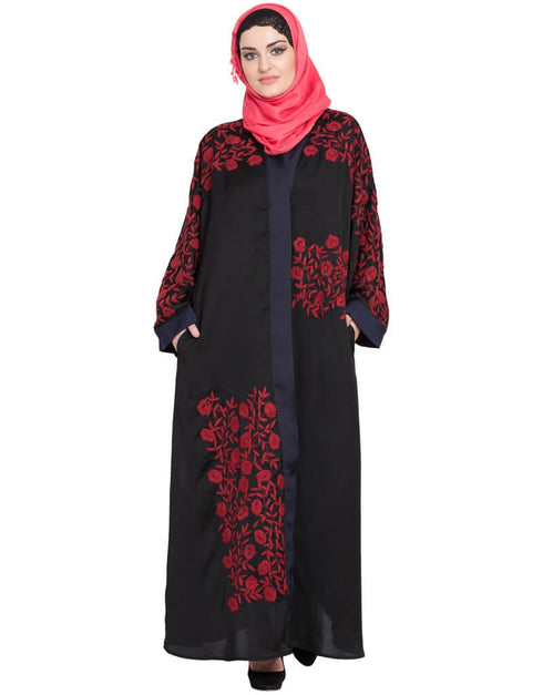 Trendy Front Open embroidered Dubai Kaftan Black Women Online shopping USA