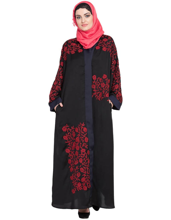 Trendy Front Open embroidered Dubai Kaftan Black Women Online shopping USA