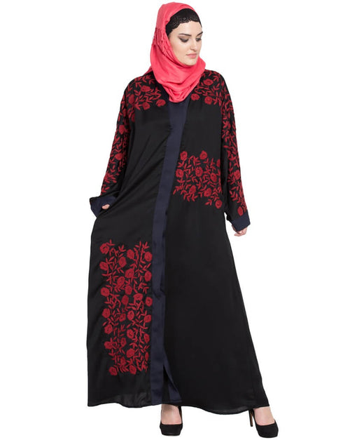 Trendy Front Open embroidered Dubai Kaftan Black Women Online shopping USA