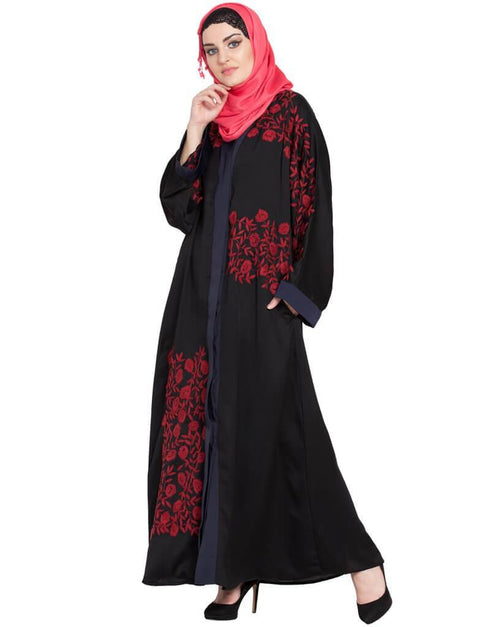 Trendy Front Open embroidered Dubai Kaftan Black
