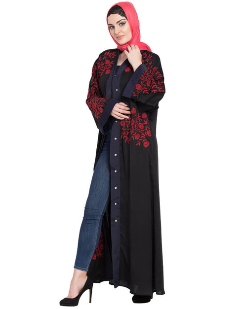 Trendy Front Open embroidered Dubai Kaftan Black Women Online shopping USA