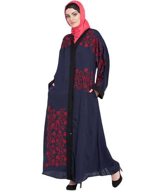 Modern Front Open embroidered Dubai Kaftan Navy Blue Women Online shopping USA