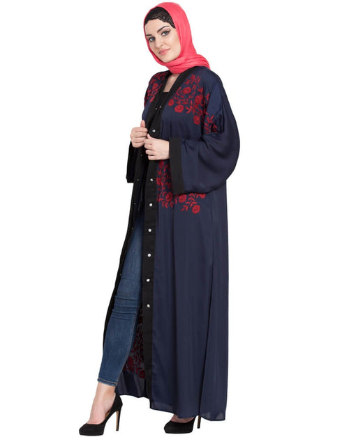 Modern Front Open embroidered Dubai Kaftan Navy Blue Women Online shopping USA